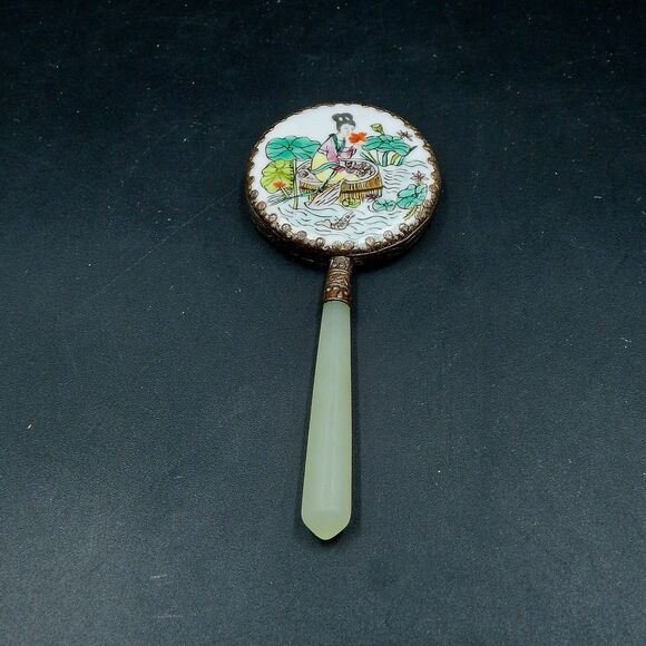 Asian Hand Mirror Lady Fishing Jade Handle Hand Painted Porcelain Top - Picture 1 of 9